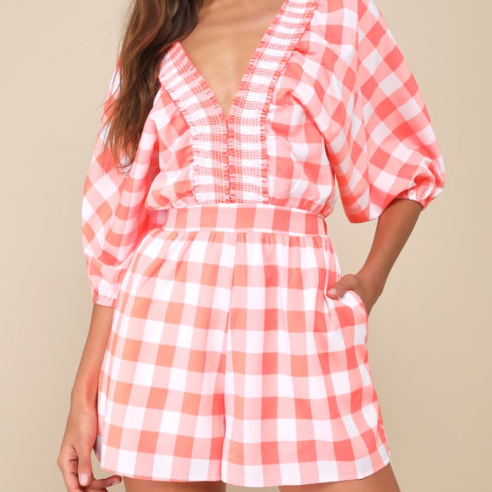 Lulus Cutest Viewpoint Neon Orange Gingham Dolman Sleeve V-neck Romper - Size M
